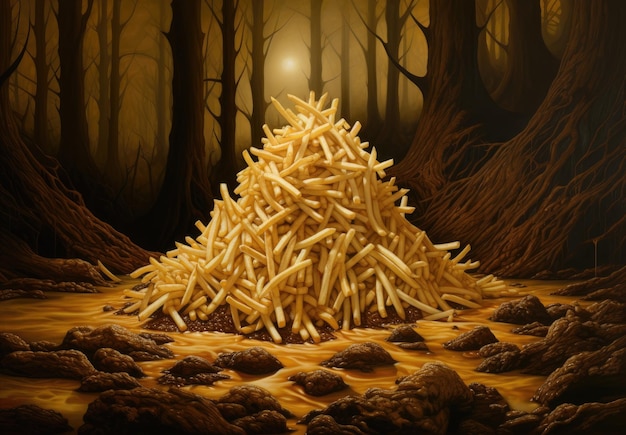 un mucchio di patatine fritte in una foresta