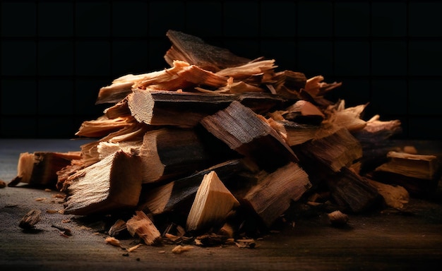 Un mucchio di pezzi di legno su una superficie nera