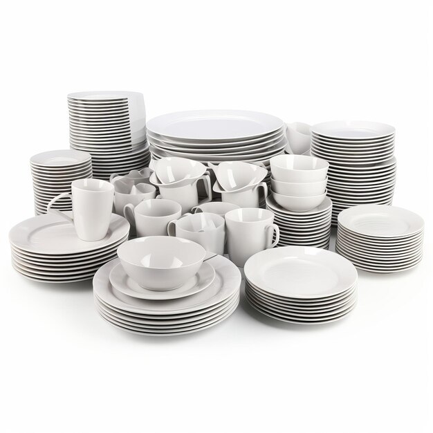 Un mucchio di piatti e tazze bianche su uno sfondo bianco