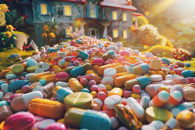 Un mucchio di pillole colorate a terra.