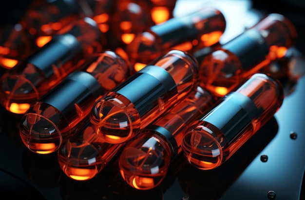 Un mucchio di pillole con un'etichetta rossa e arancione