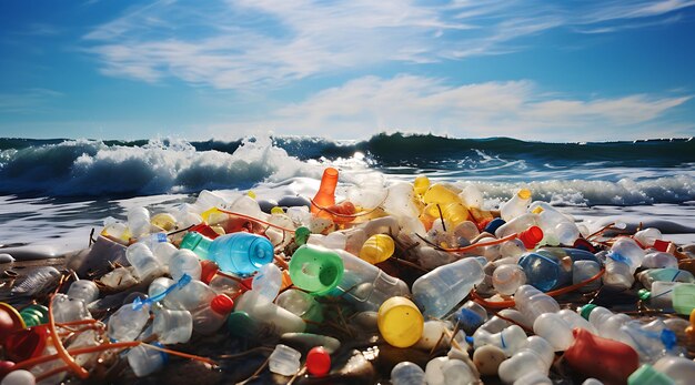 un mucchio di plastica in una spiaggia vicino all'oceano AI generativa