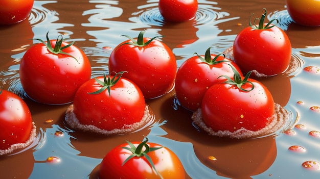 Un mucchio di pomodori che galleggiano in una salsa al cioccolato.