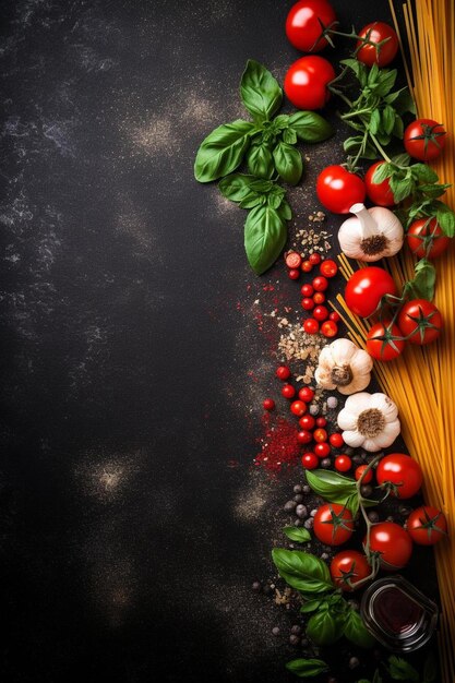 un mucchio di pomodori di pasta, aglio di basilico e pepe su un nero