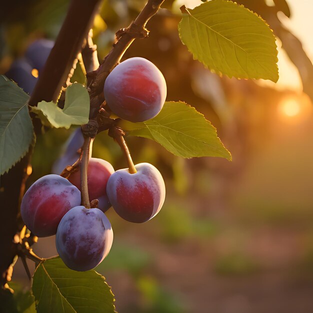 un mucchio di prugne appese da un albero con il sole dietro di loro