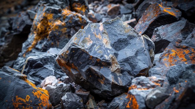 Un mucchio di rocce nere ricoperte di licheni arancioni