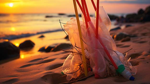 un mucchio di sacchetti di plastica appoggiati sulla spiaggia
