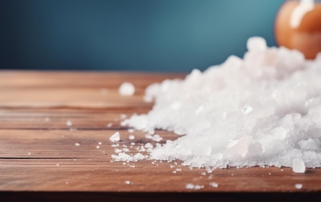 Un mucchio di sale marino su un tavolo di legno.