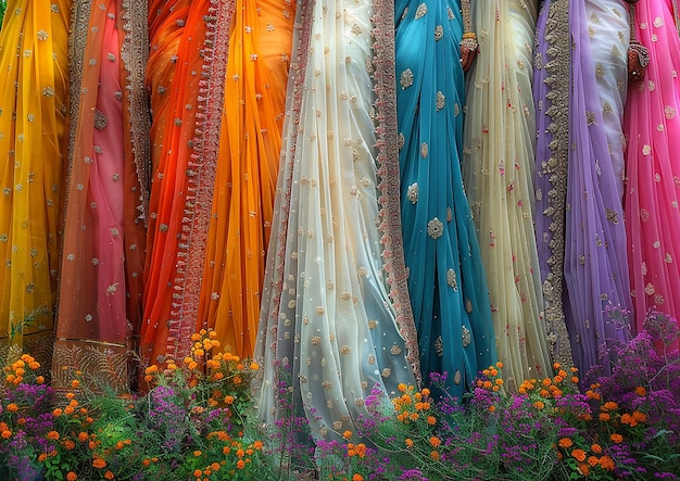 un mucchio di saris con fiori d'arancia e fiori