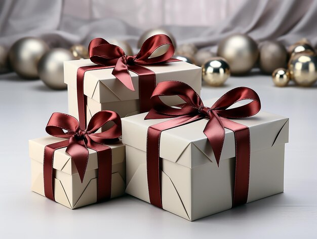 un mucchio di scatole da regalo bianche con un nastro rosso attorno.