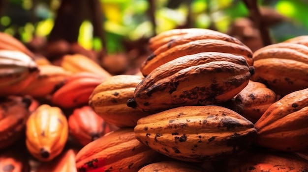 Un mucchio di semi di cacao sono impilati uno sopra l'altro.