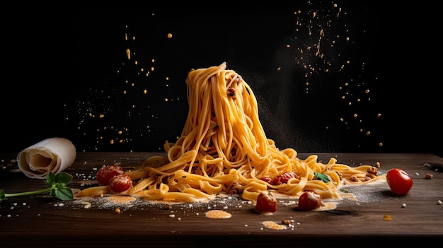 Un mucchio di spaghetti con uno sfondo nero