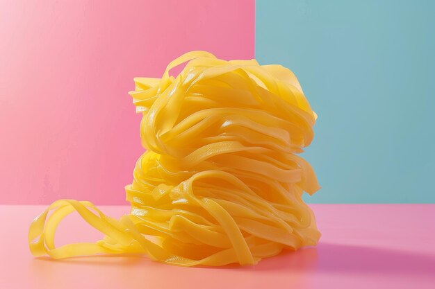 Un mucchio di tagliatelle gialle con uno sfondo giallo