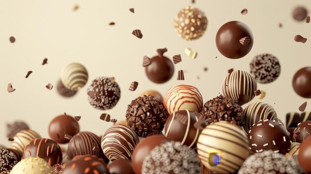 Un mucchio di tartufi al cioccolato di vari sapori in stile oggetti volanti isolati in stile Memphis in stile rendering generato da AI