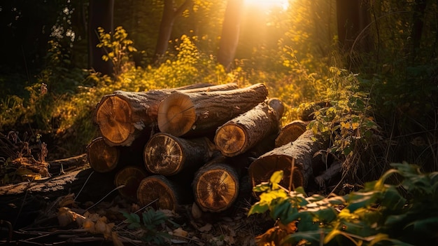 Un mucchio di tronchi nei boschi con il sole che splende attraverso gli alberi