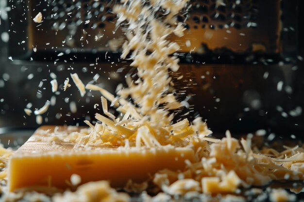 Un mucchio di trucioli di formaggio sta cadendo da una grattuglia