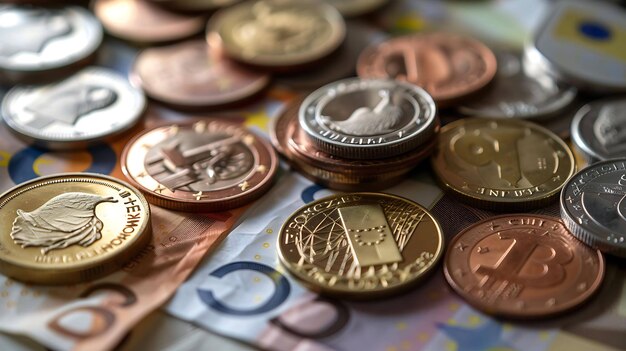 Un mucchio di varie monete sopra una pila di carta moneta colorata