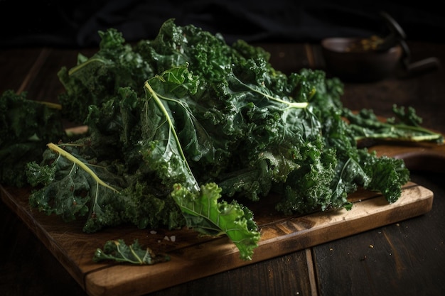 Un mucchio di verdure a foglia verde su un tagliere AI generativo