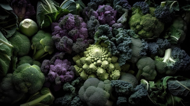 Un mucchio di verdure sono disposte in cerchio, inclusi broccoli, cavolfiori e cavolfiori.