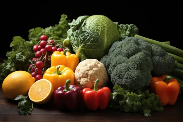 Un mucchio di verdure tra cui broccoli, cavolfiori e pomodori.