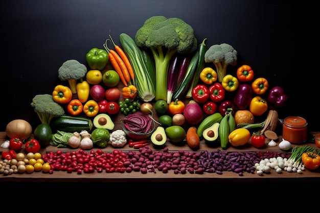 un mucchio di verdure tra cui broccoli, cavoli e cavolfiori sono mostrati su un tavolo.