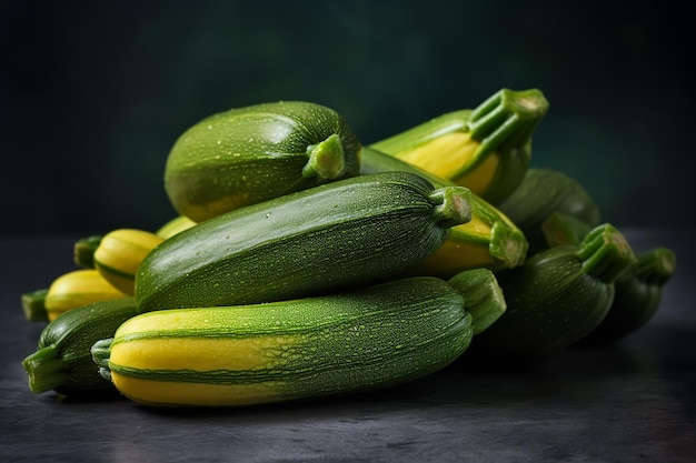 Un mucchio di zucchine su un tavolo con uno sfondo scuro.