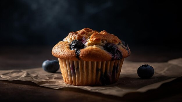 Un muffin ai mirtilli con uno sfondo scuro