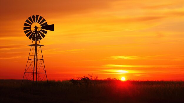 Un mulino a vento in silhouette contro un vivace cielo al tramonto con sfumature di arancione e giallo