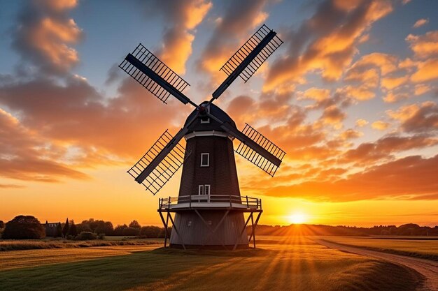 un mulino a vento nel mezzo di un campo al tramonto