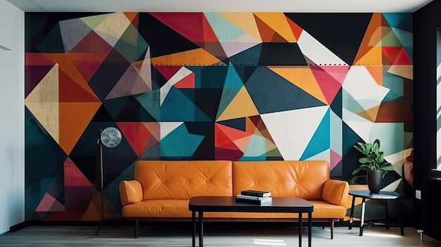un murale a parete di una persona presenta un disegno geometrico in un design geometrico.