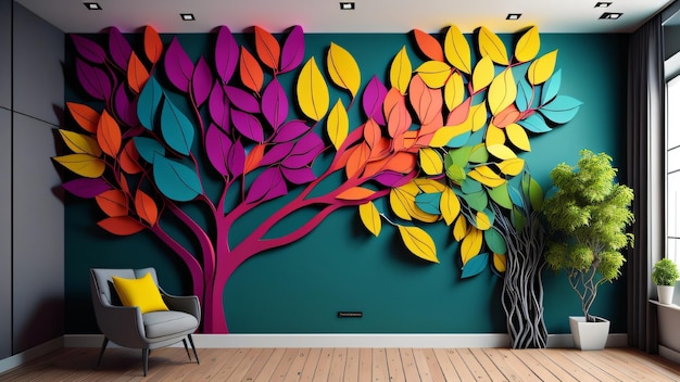 Un murale colorato con la parola albero su di esso