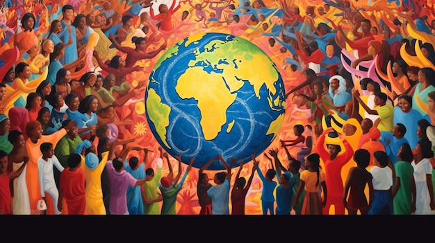 Un murale colorato raffigurante culture diverse e unità globale che riflette l'inclusività e il multiculto