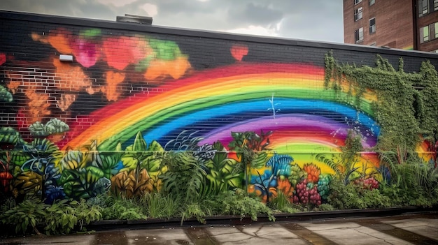 Un murale di un arcobaleno su un edificio