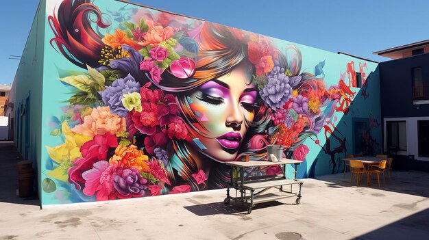 un murale di una donna con dei fiori sul lato