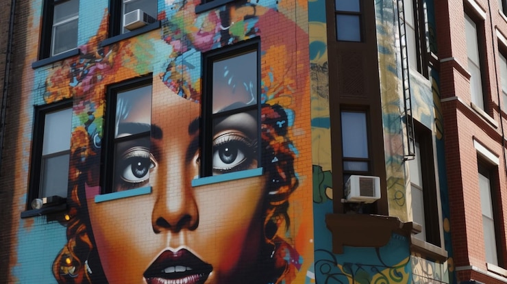 Foto un murale di una donna con gli occhi neri e la faccia nera è su un edificio.