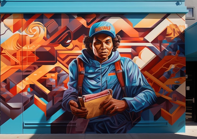 Un murale ispirato alla street art raffigurante un postino in colori vivaci e linee audaci
