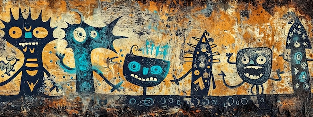 Un murale vibrante di creature stravaganti con un'influenza dell'arte tribale su uno sfondo rustico