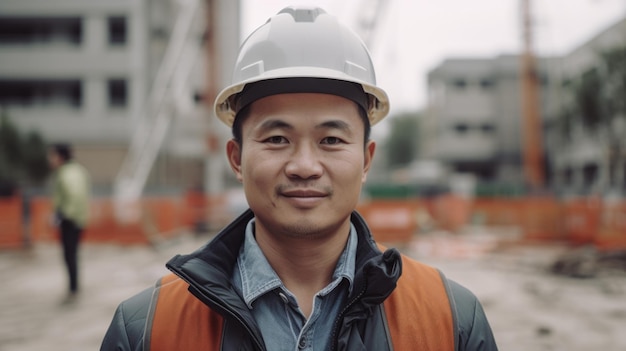 Un muratore maschio cinese sorridente che sta nel cantiere