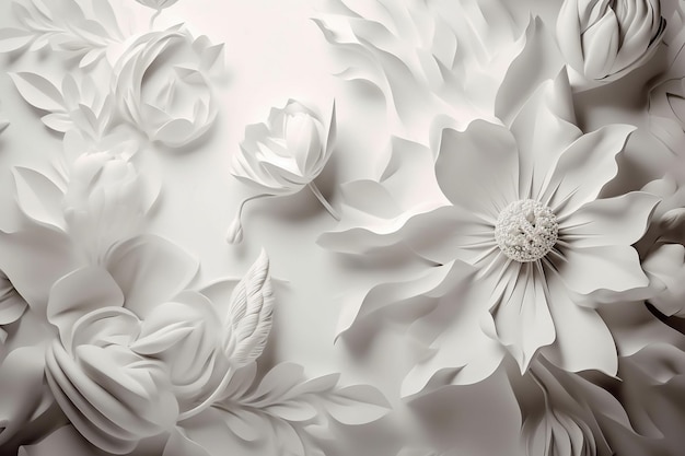 Un muro bianco con fiori sopra che ha un fiore sopra.