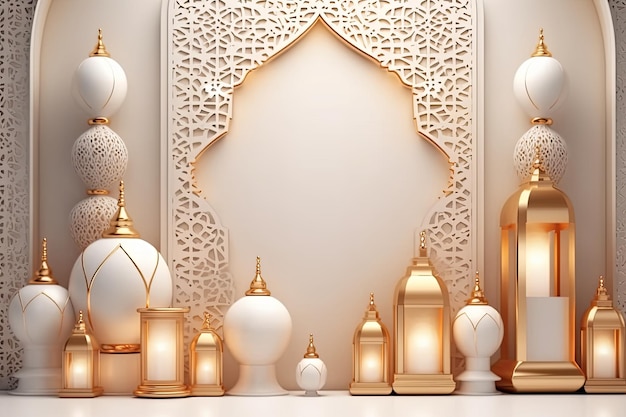 Un muro bianco con ornamenti d'oro e una moschea con ornamenti arabi IA generativa