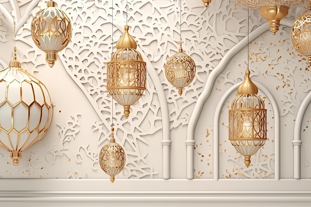 Un muro bianco con ornamenti d'oro e una moschea con ornamenti arabi IA generativa