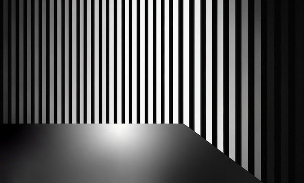 Un muro bianco e nero con strisce verticali e un pavimento bianco.