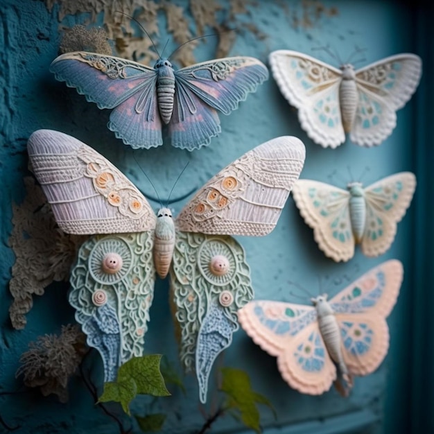 Un muro blu con sopra delle farfalle e sopra la parola farfalla.