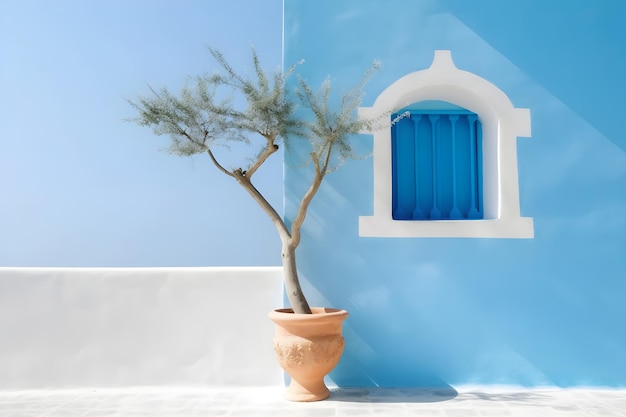 Un muro blu e bianco con un piccolo albero in un vaso e una finestra