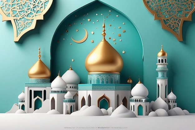 un muro con una foto di una moschea e una moschea con uno sfondo blu