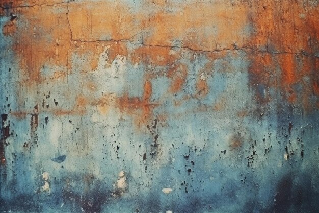 Un muro con vernice arrugginita e uno sfondo blu e arancione.