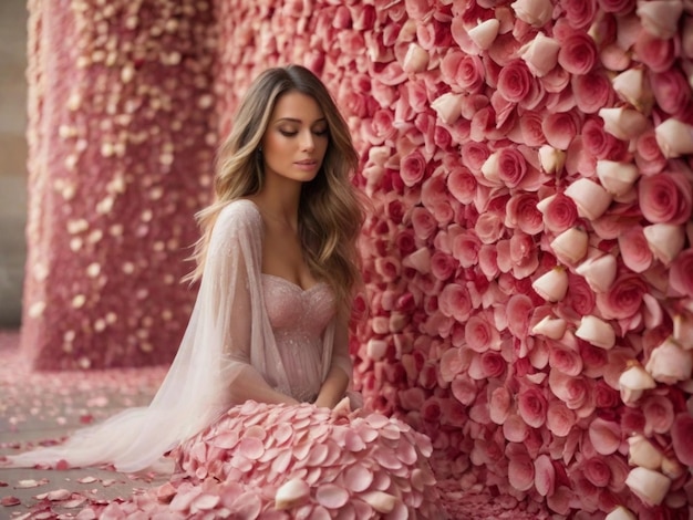 Un muro coperto di petali di rose in cascata che creano un ambiente visivamente sbalorditivo e romantico questo potrebbe essere ottenuto attraverso un servizio fotografico creativo o una manipolazione digitale