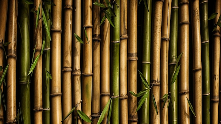 Foto un muro di bambù con uno sfondo di bambù verde e giallo.