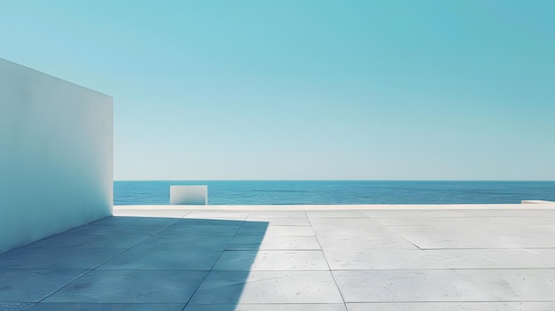 un muro di cemento bianco con un cielo blu e una panchina bianca