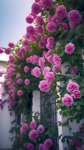 Un muro di fiori rosa con foglie verdi e un recinto sullo sfondo.